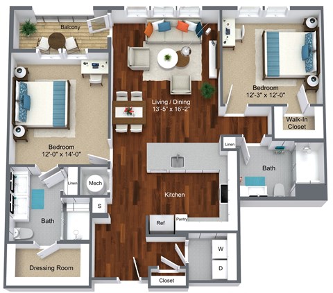 Floor plan for 2 beds, 2 baths, 1175 sqft